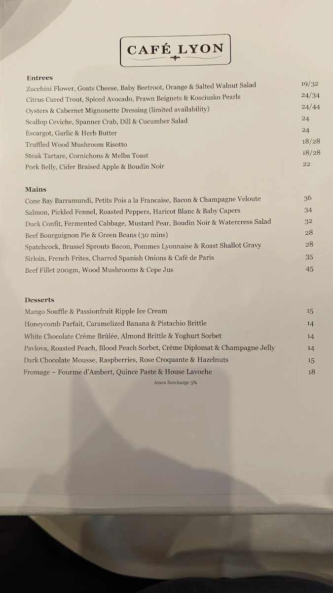 Menu, Café Lyon