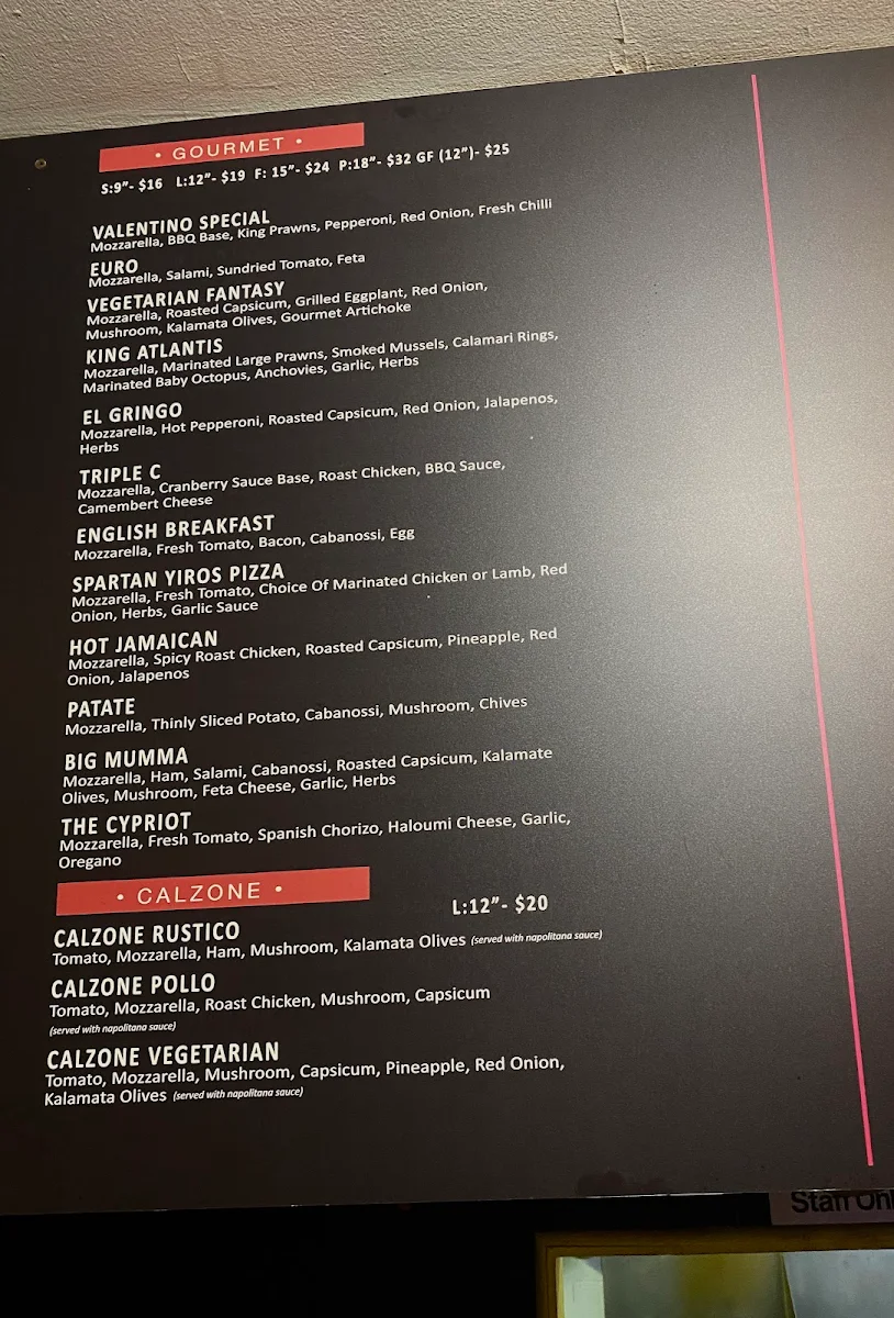 Menu, Sylvesters Pizza