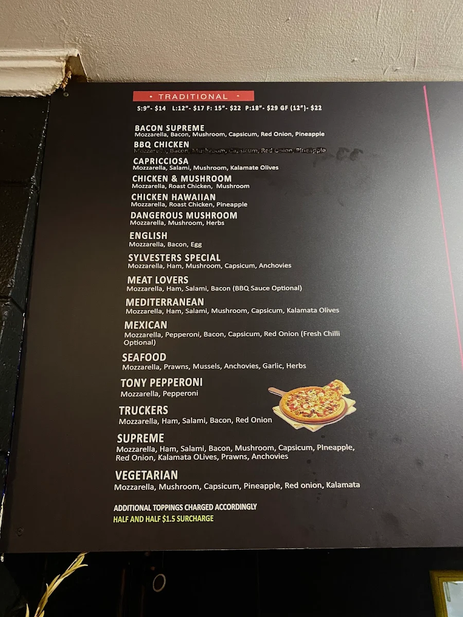 Menu, Sylvesters Pizza