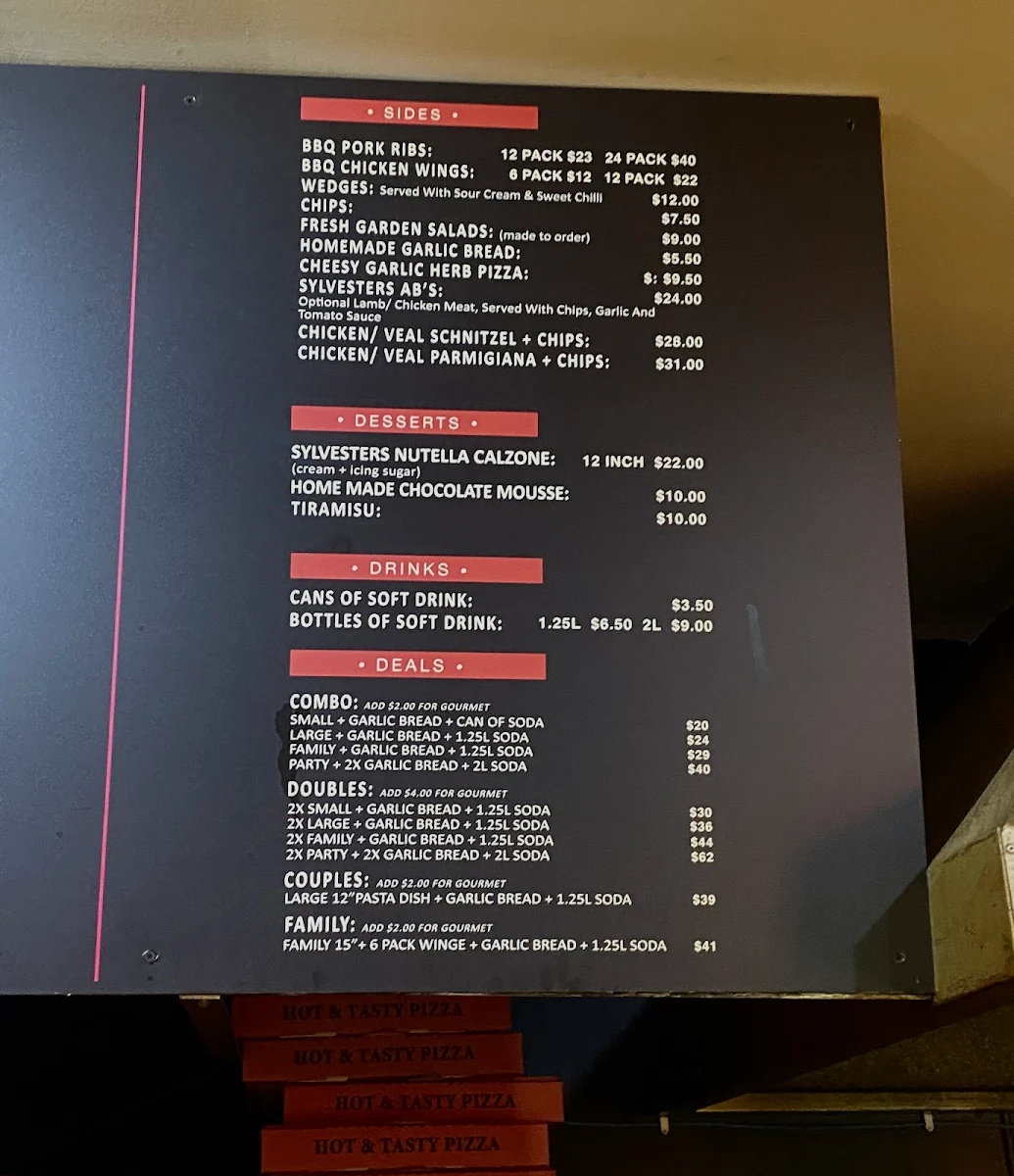 Menu, Sylvesters Pizza