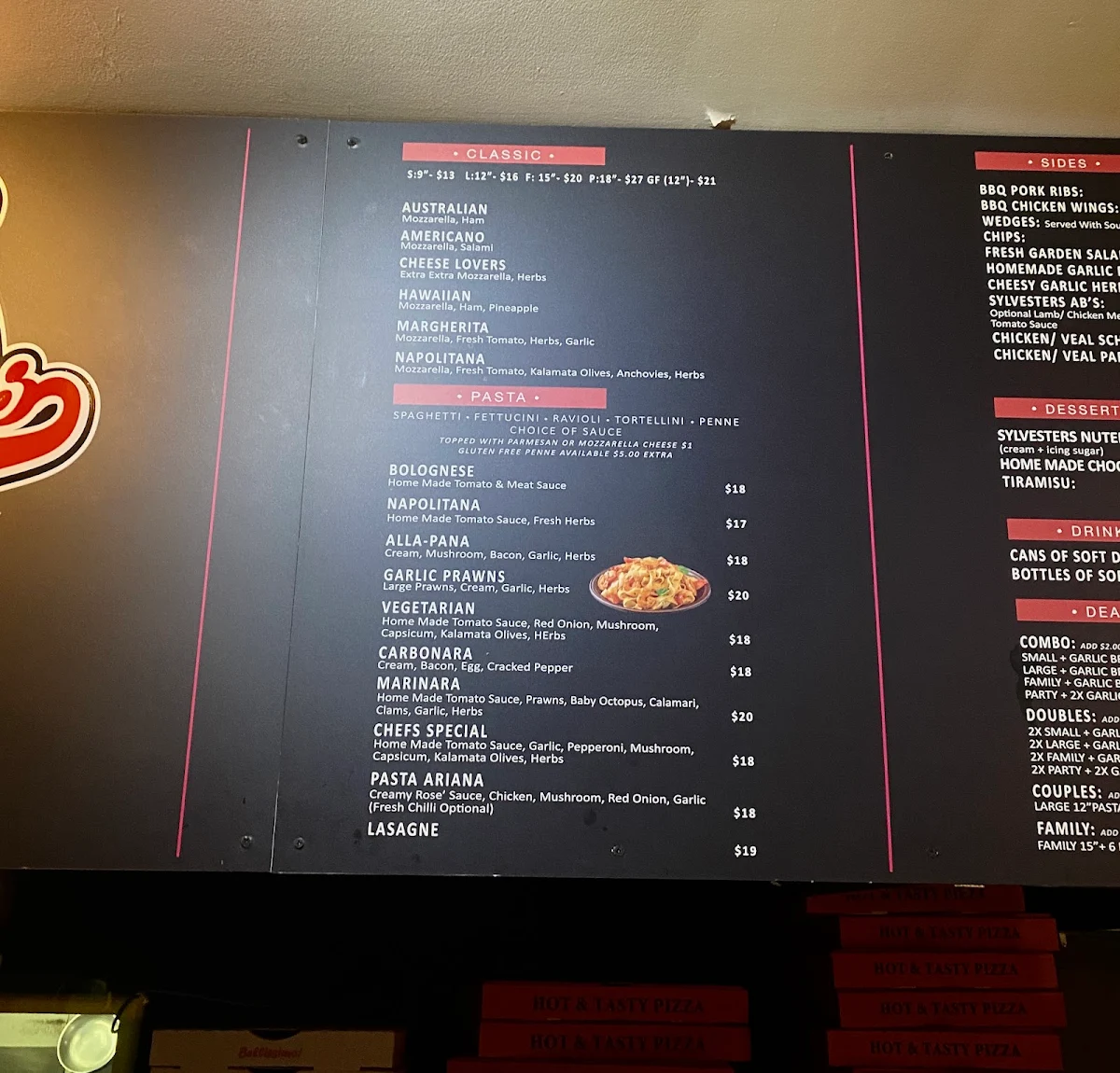 Menu, Sylvesters Pizza