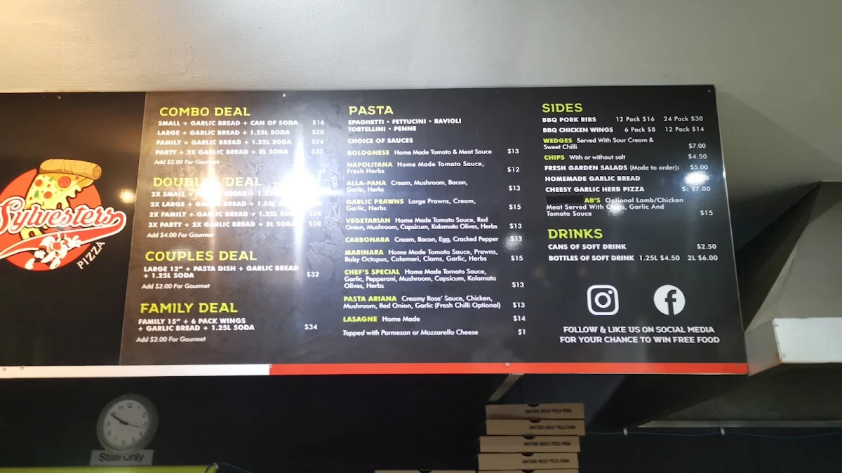 Menu, Sylvesters Pizza