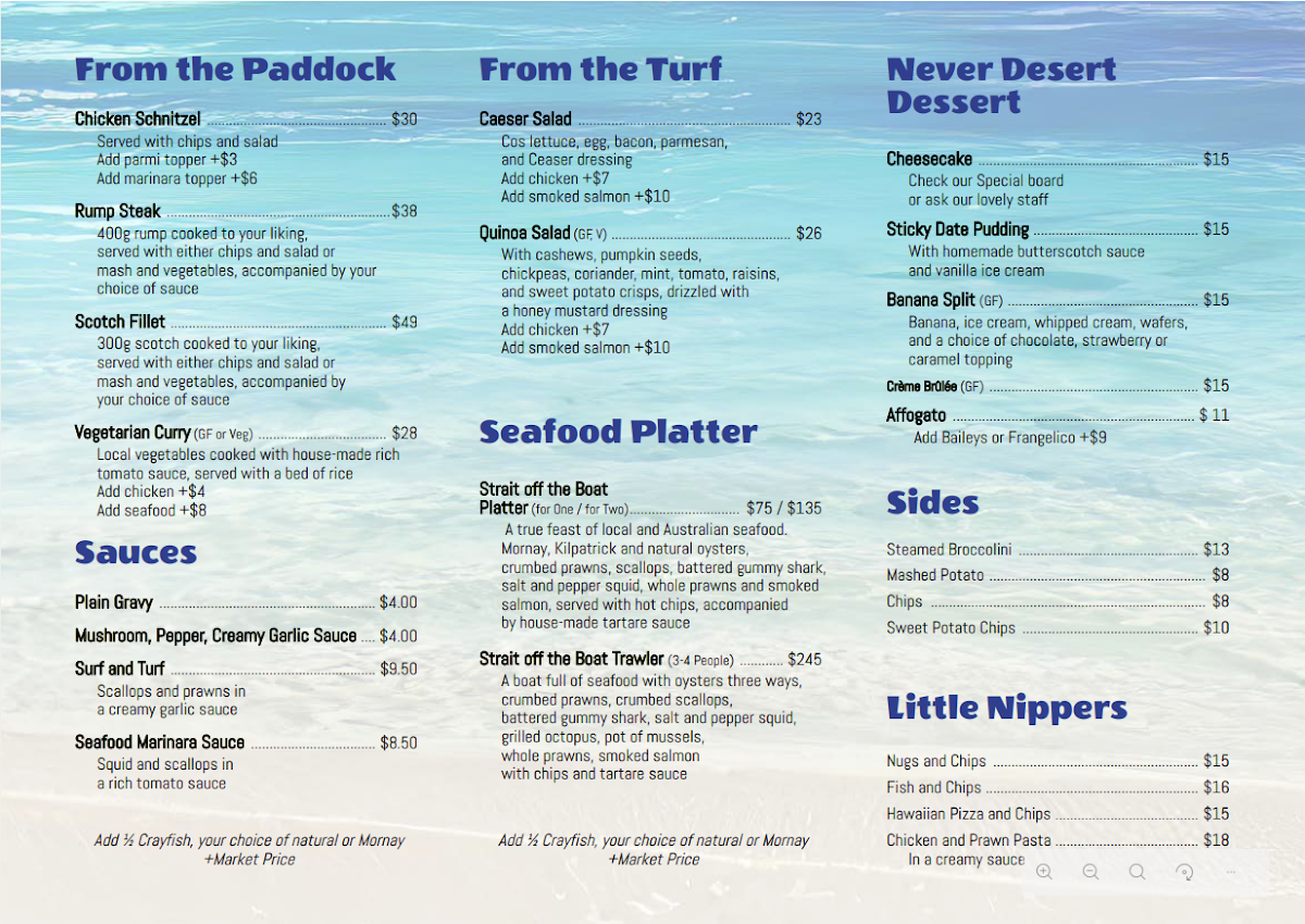 Menu, Strait off the boat Seafood, Bar and Restaurant