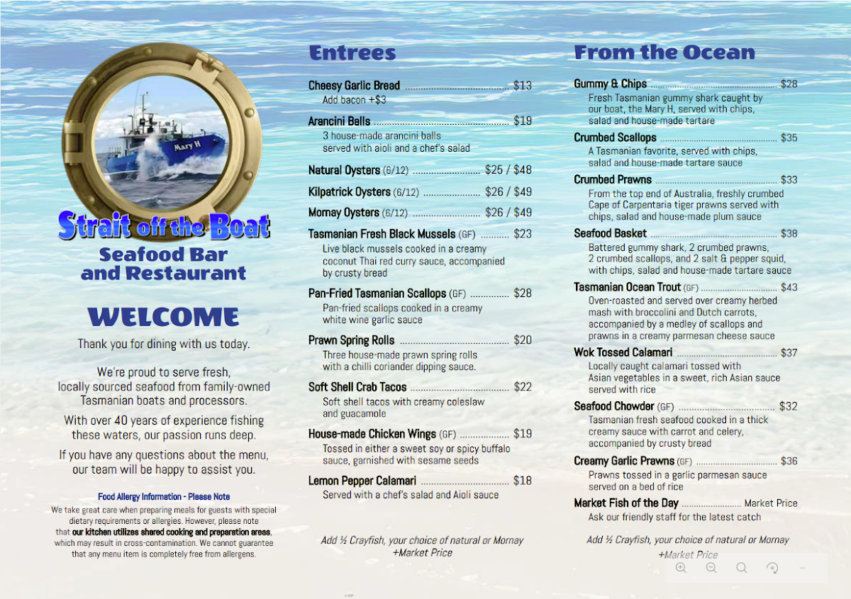 Menu, Strait off the boat Seafood, Bar and Restaurant