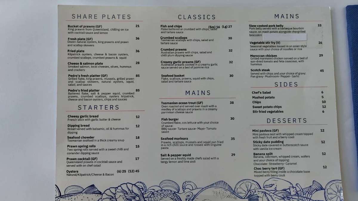 Menu, Strait off the boat Seafood, Bar and Restaurant
