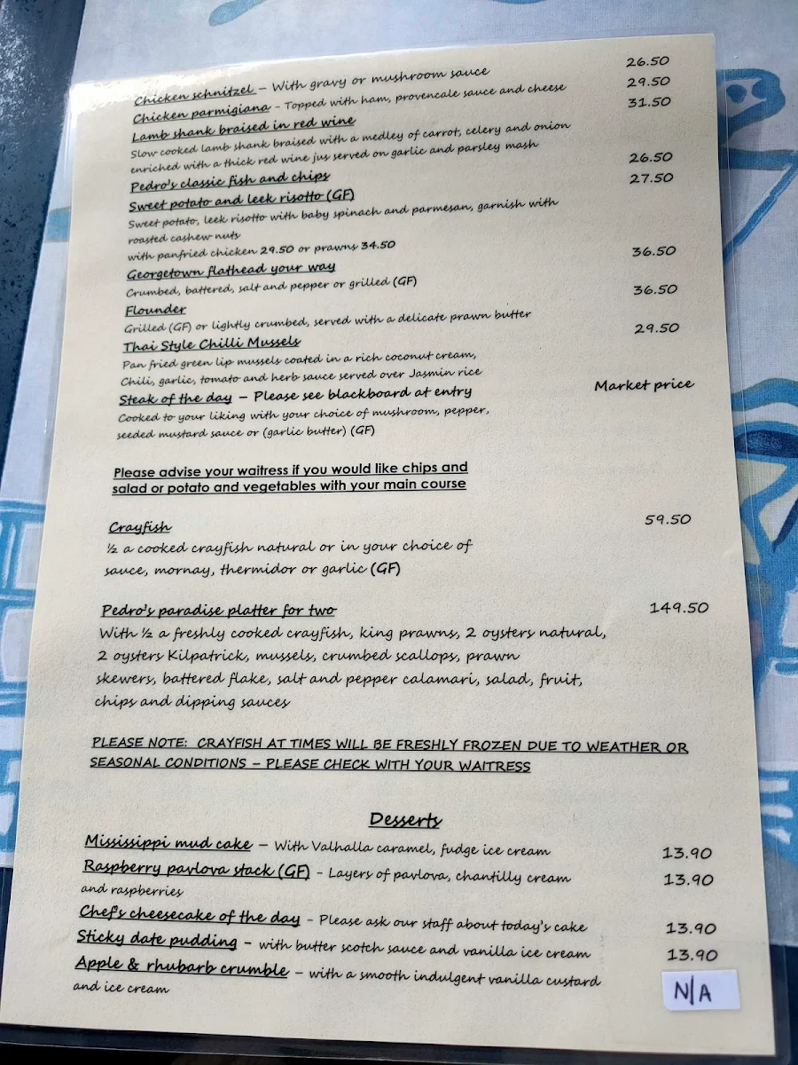 Menu, Strait off the boat Seafood, Bar and Restaurant