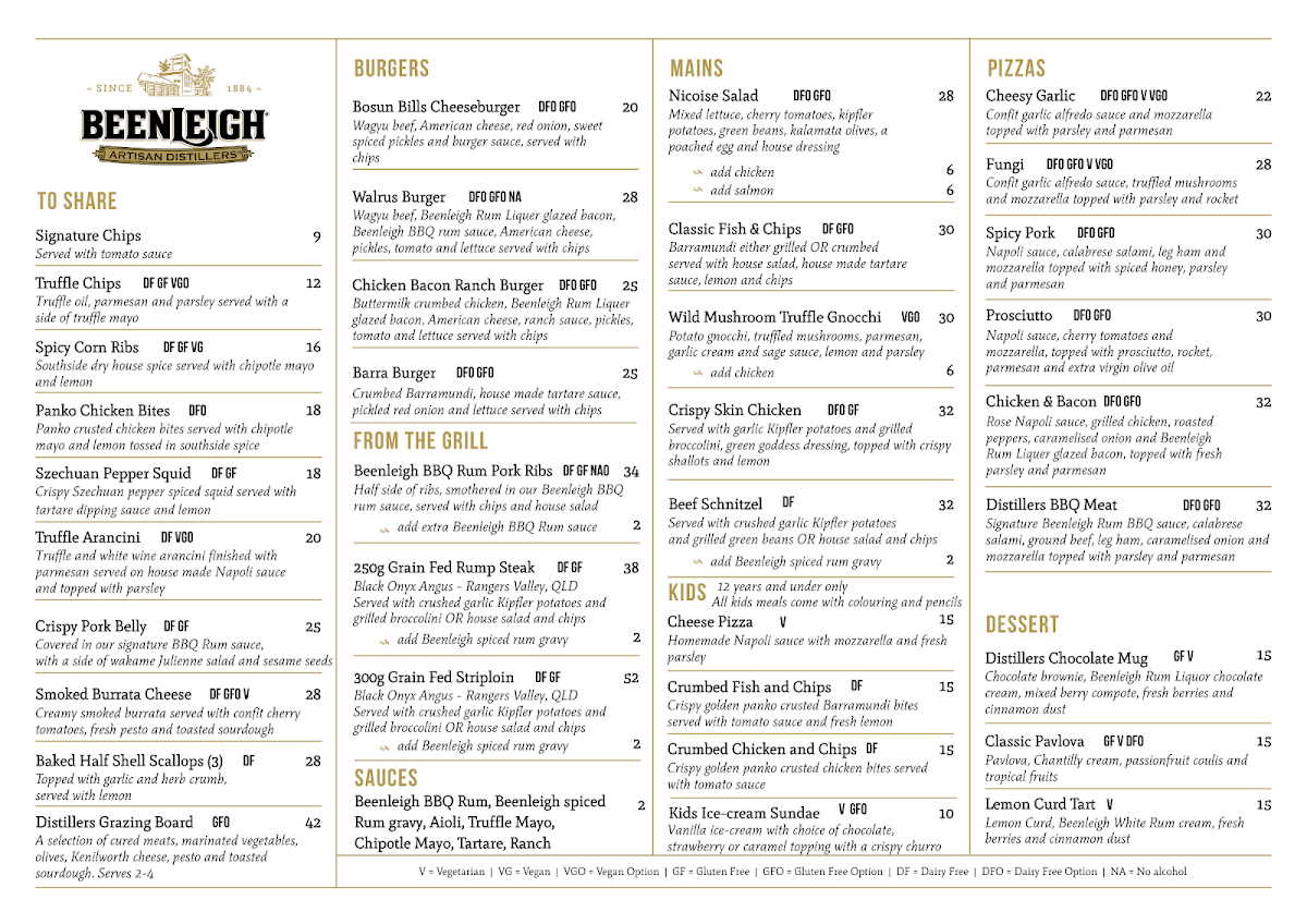 Menu, Beenleigh Artisan Distillery