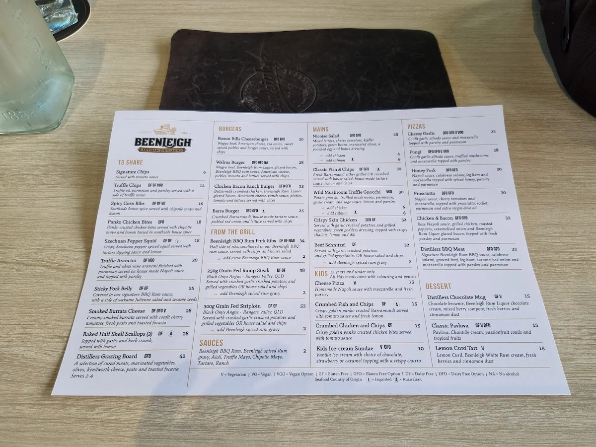 Menu, Beenleigh Artisan Distillery