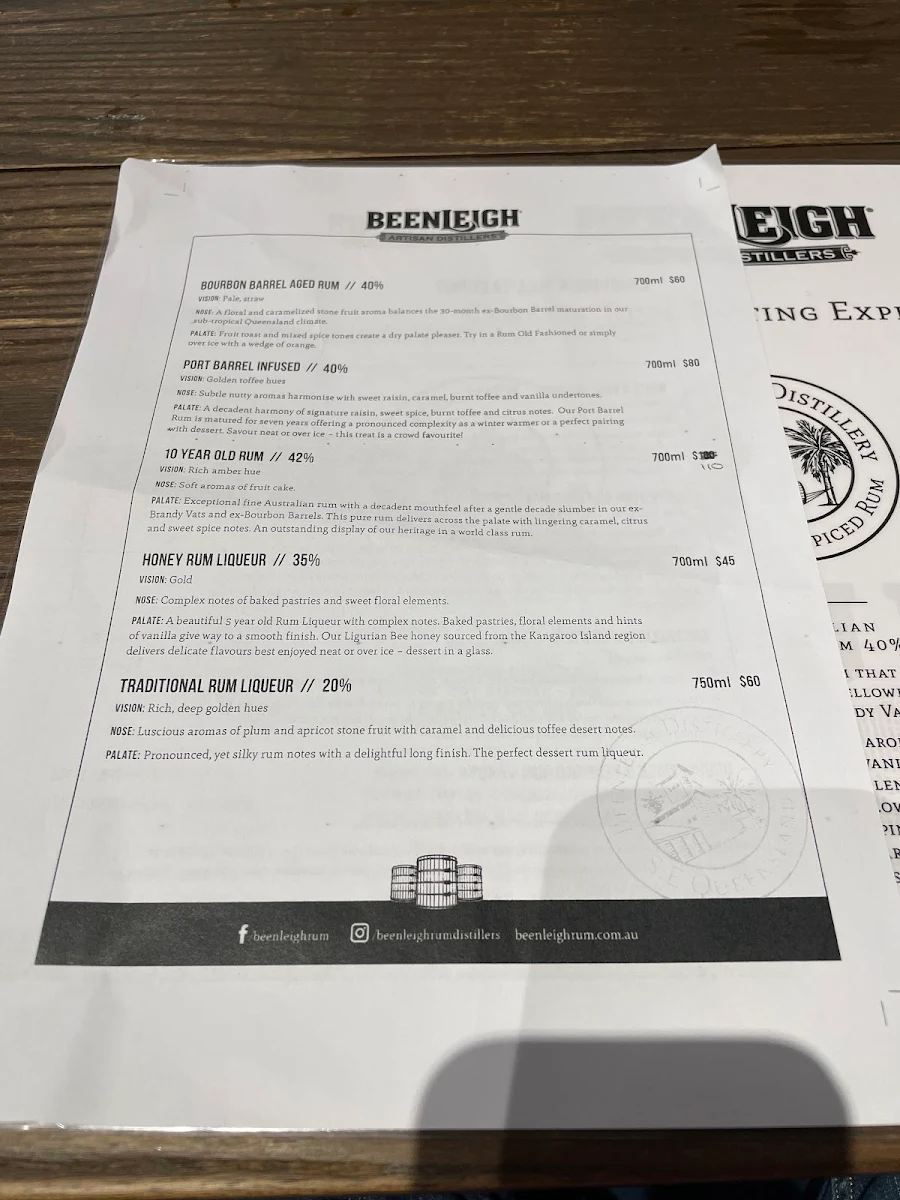 Menu, Beenleigh Artisan Distillery