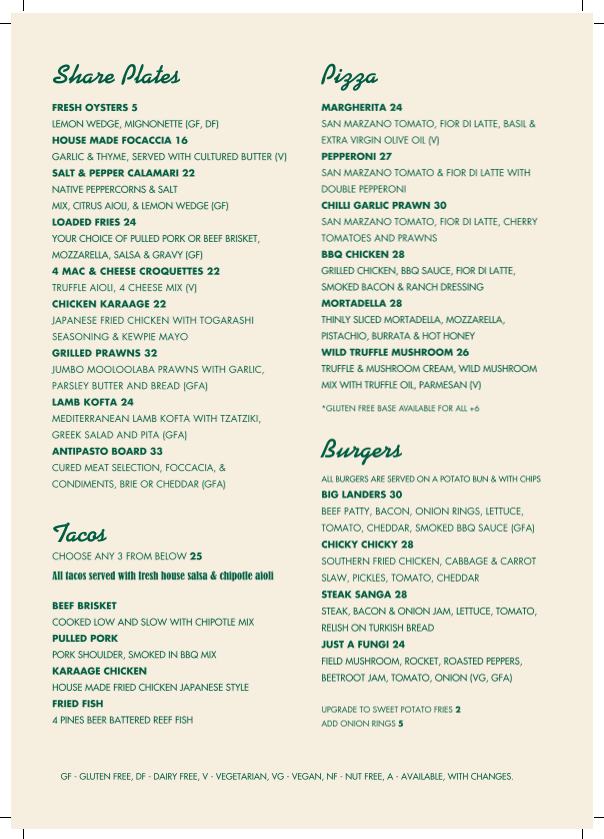 Menu, 4 Pines Landers Pocket
