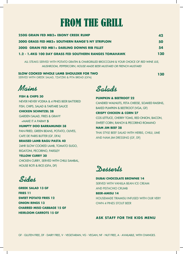 Menu, 4 Pines Landers Pocket