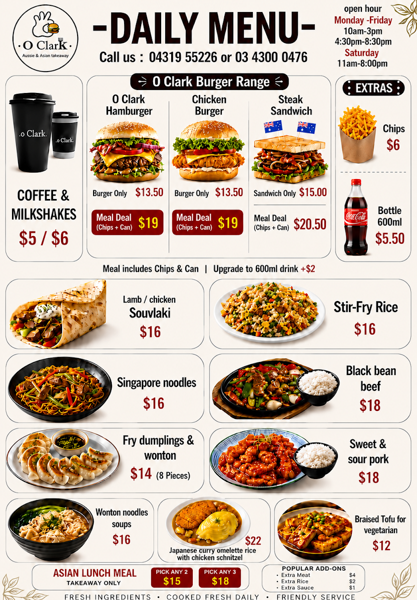 Menu, O CLARK Aussie & Asian Takeaway