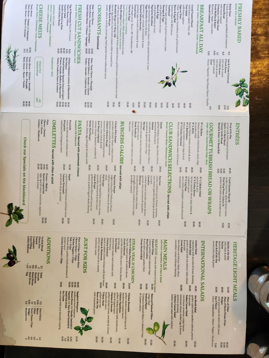 Menu, The Heritage Terrace Cafe