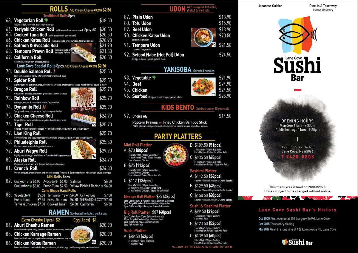 Menu, Lane Cove Sushi Bar