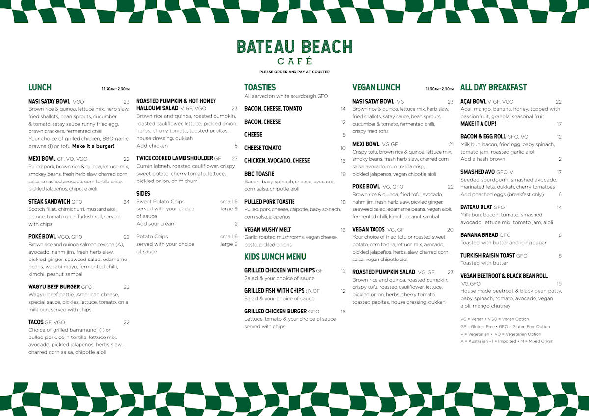 Menu, Bateau Beach Cafe