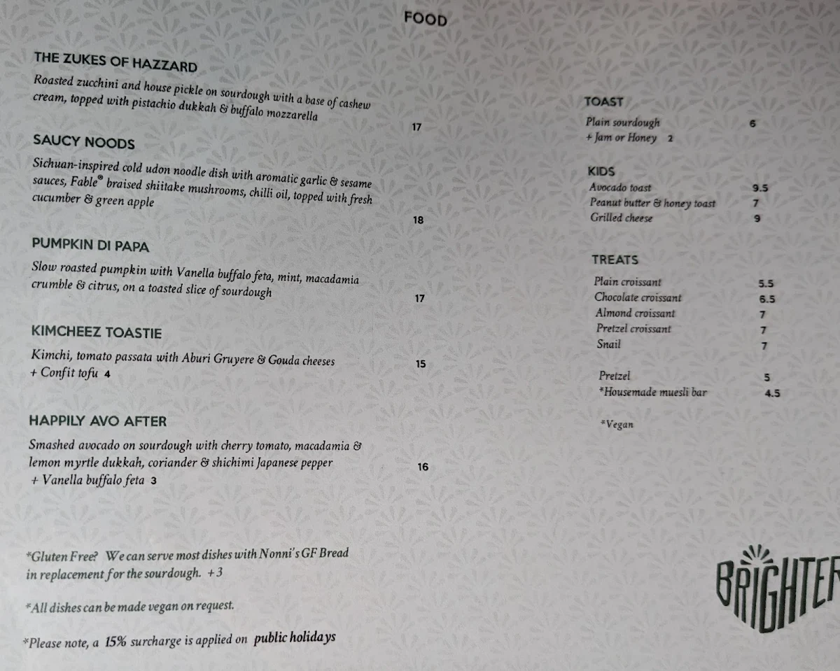 Menu, Brighter Coffee