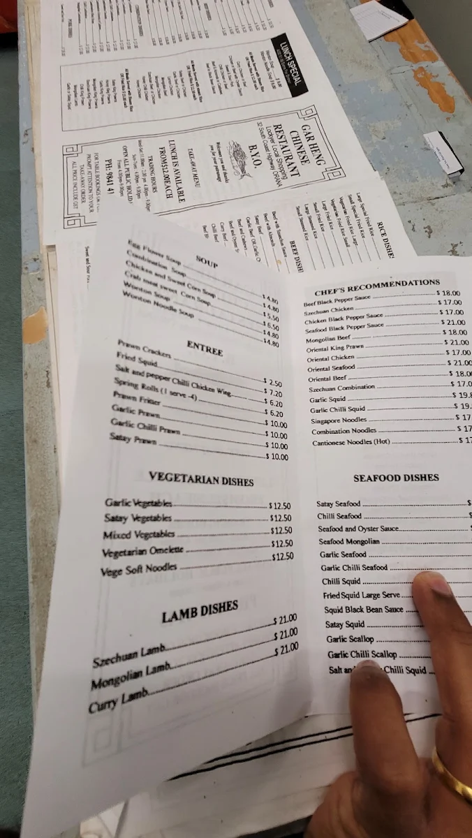 Menu, Gar Heng Chinese Restaurant