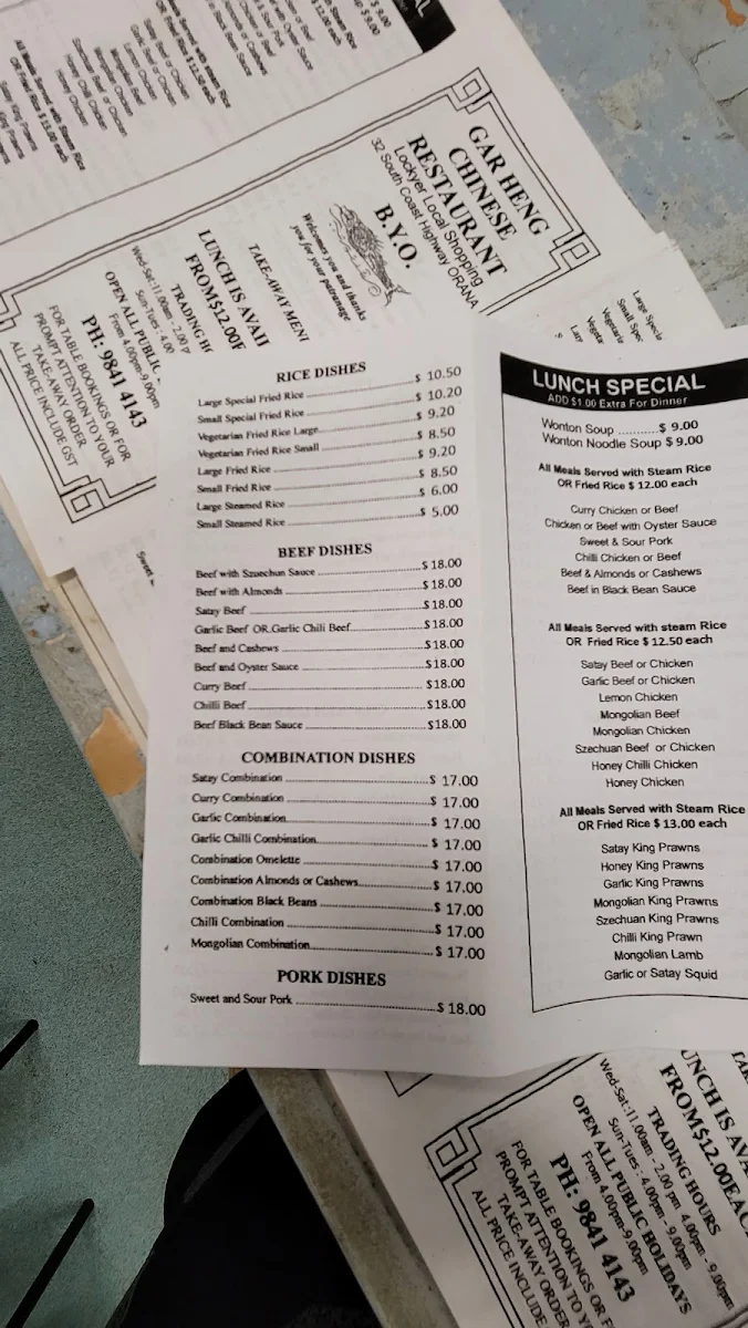 Menu, Gar Heng Chinese Restaurant