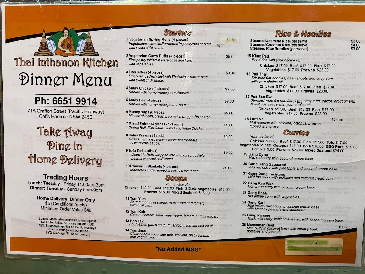 Menu, Thai Inthanon Kitchen