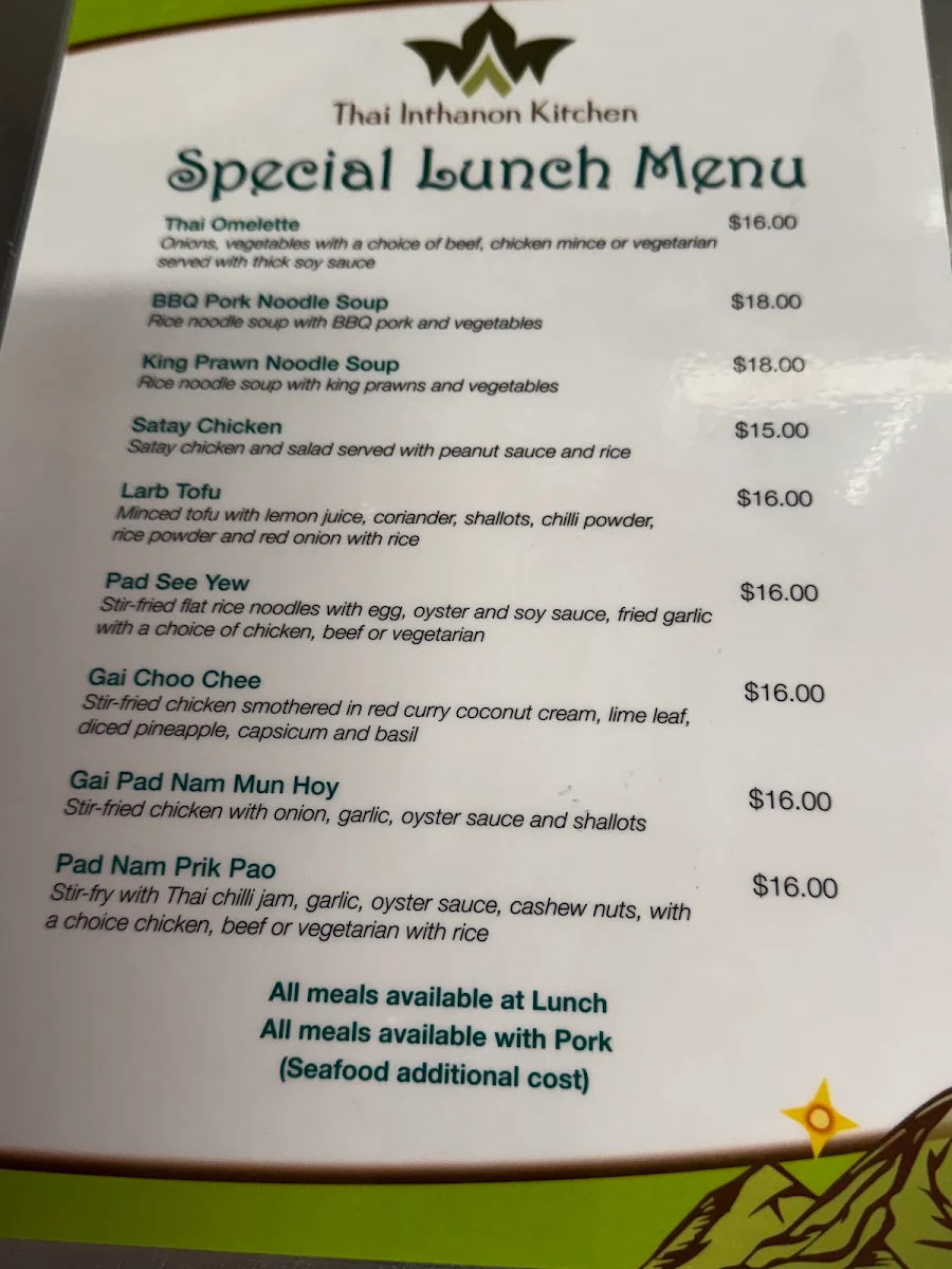 Menu, Thai Inthanon Kitchen