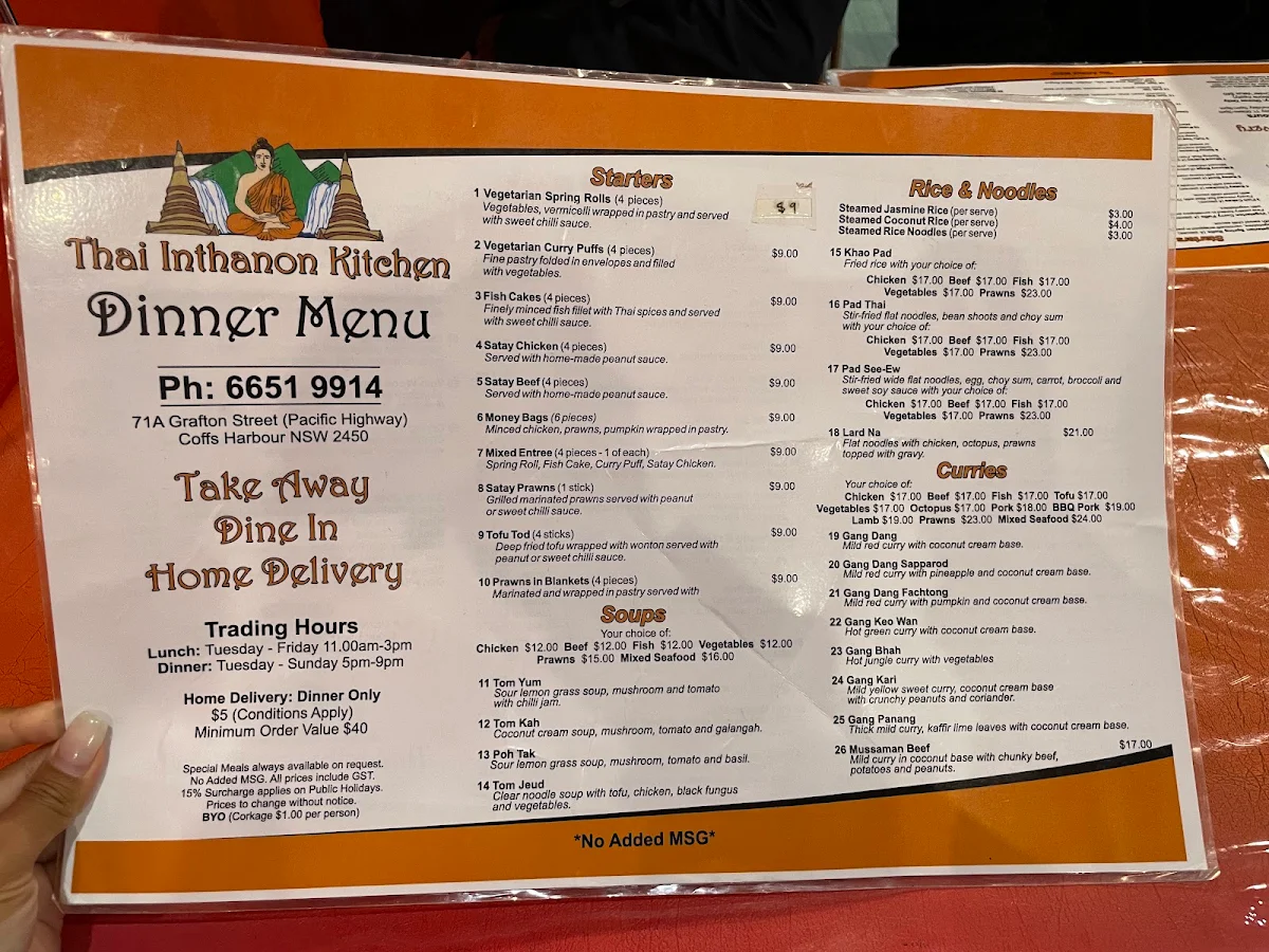 Menu, Thai Inthanon Kitchen