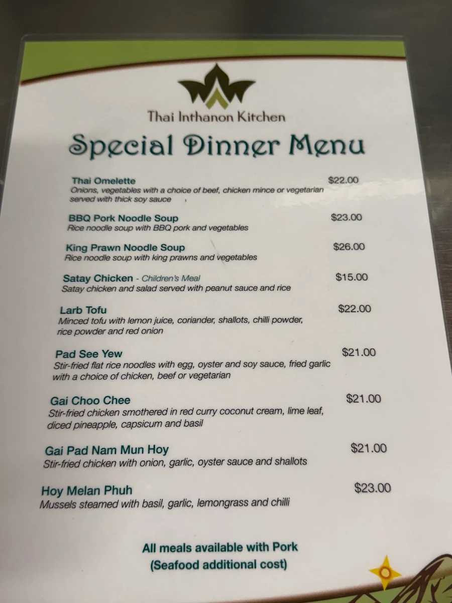 Menu, Thai Inthanon Kitchen