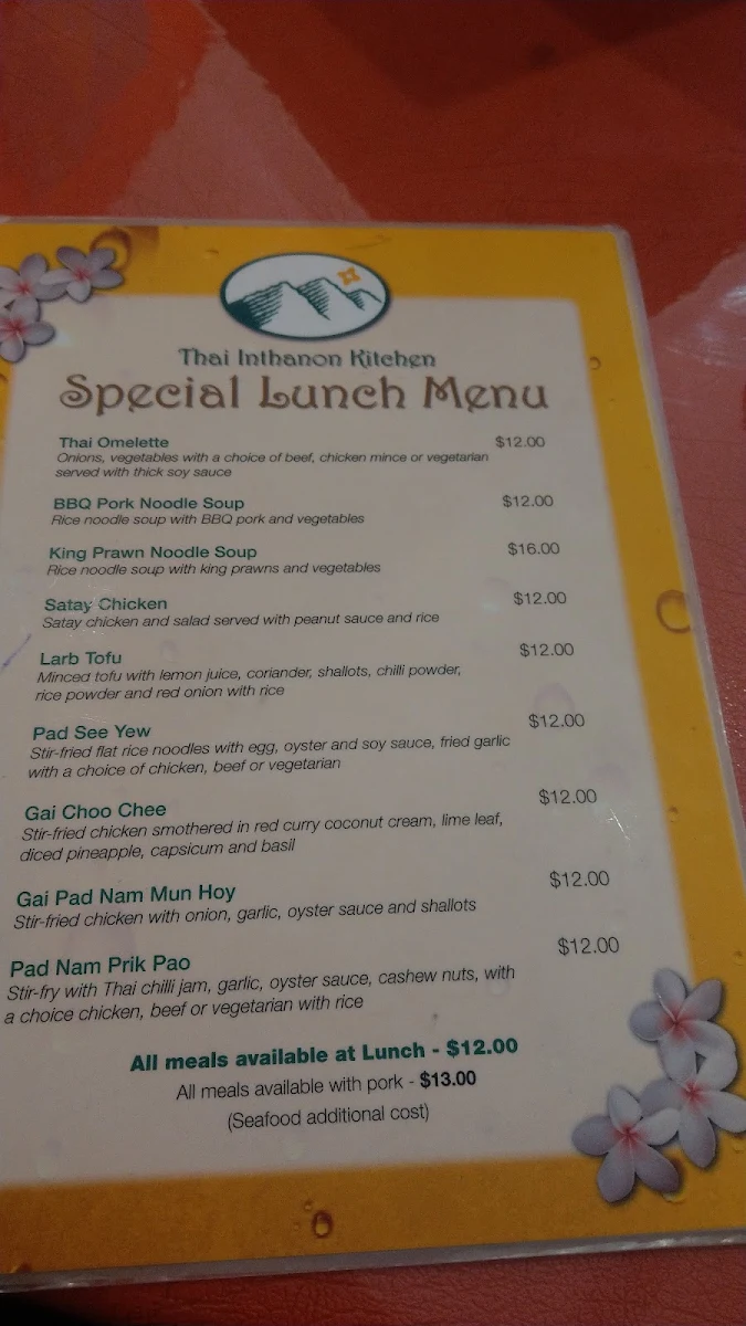 Menu, Thai Inthanon Kitchen