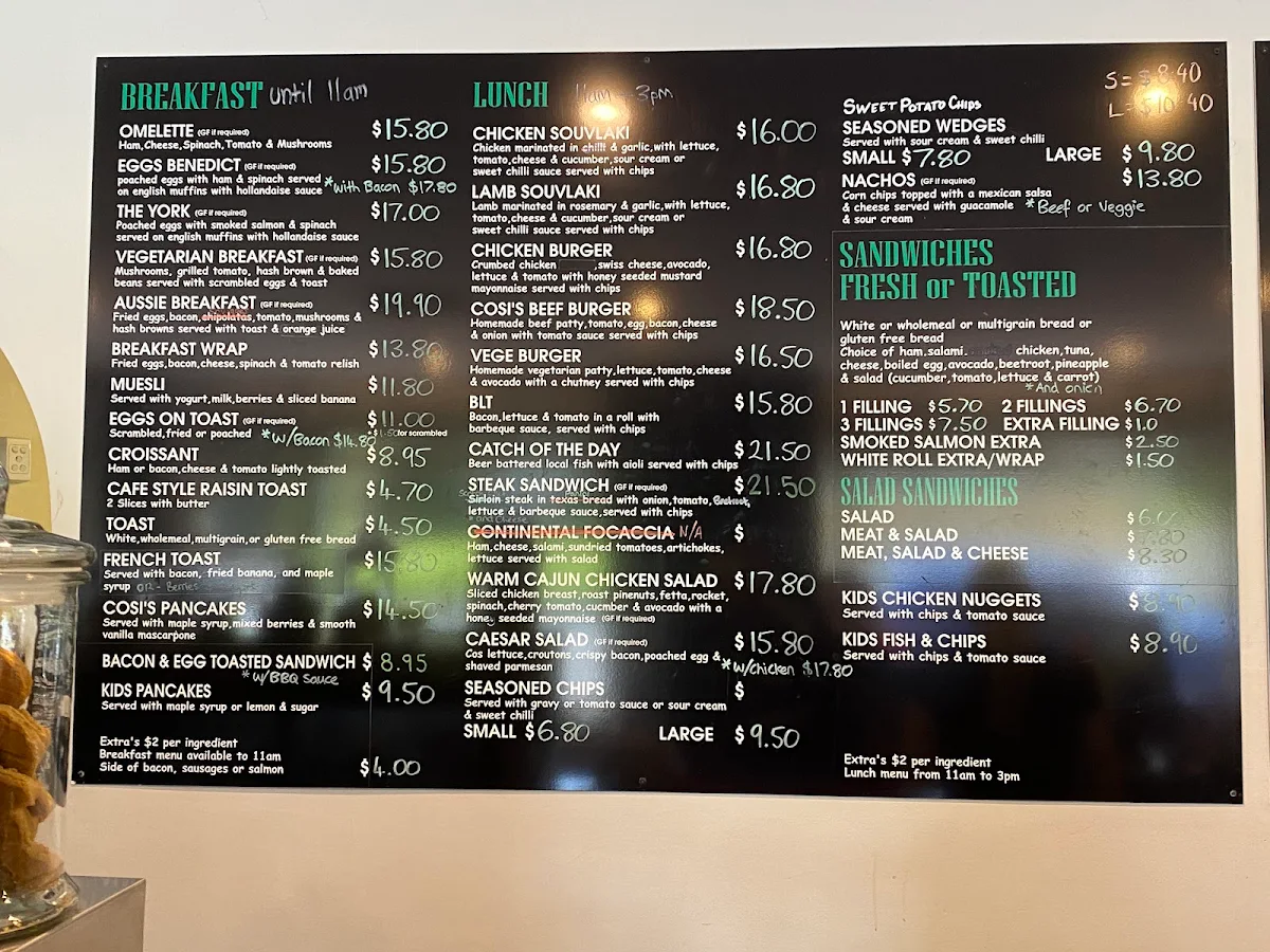 Menu, Cosi's Café