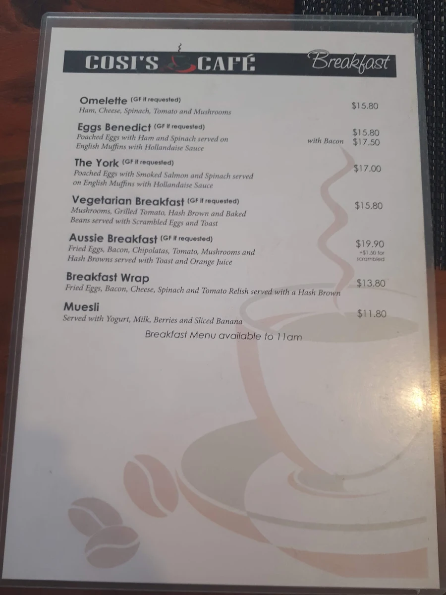 Menu, Cosi's Café