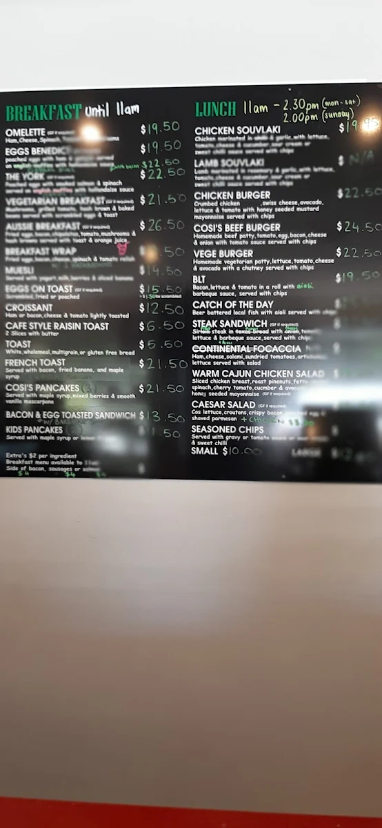 Menu, Cosi's Café