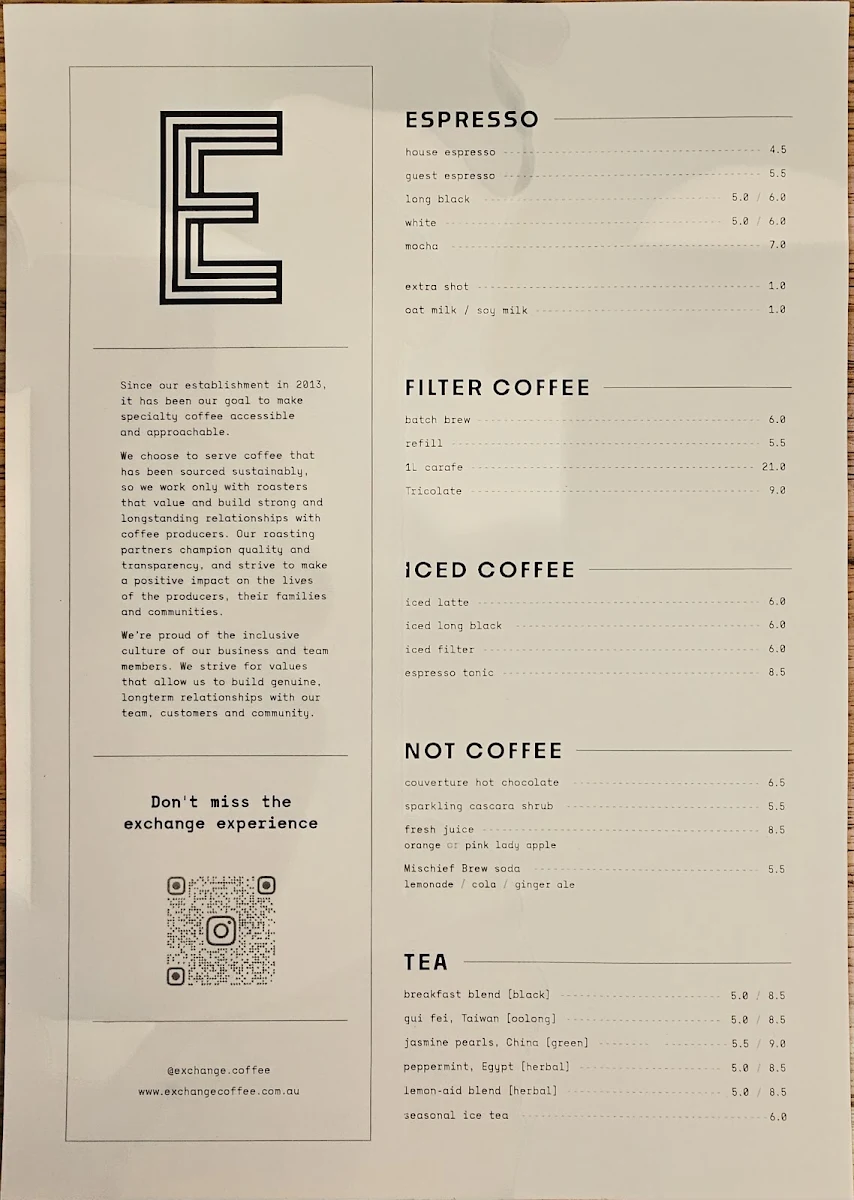 Menu, Exchange Coffee