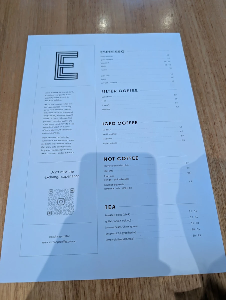 Menu, Exchange Coffee