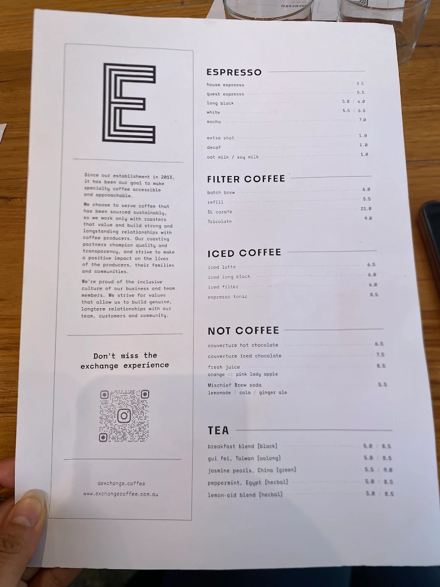 Menu, Exchange Coffee