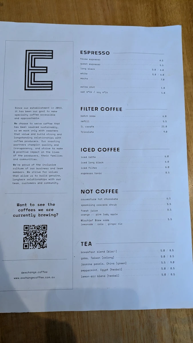 Menu, Exchange Coffee