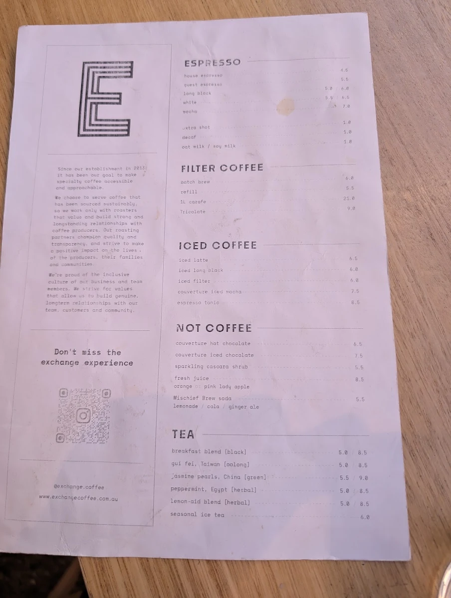 Menu, Exchange Coffee