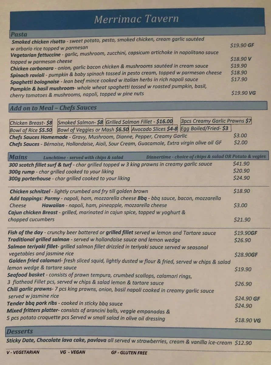 Menu, Merrimac Tavern & Cellarbrations Bottleshop