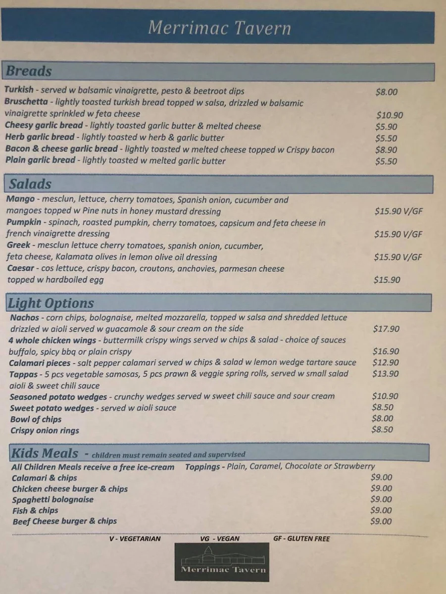 Menu, Merrimac Tavern & Cellarbrations Bottleshop