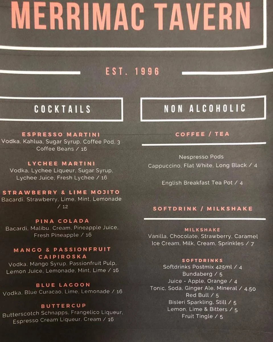 Menu, Merrimac Tavern & Cellarbrations Bottleshop