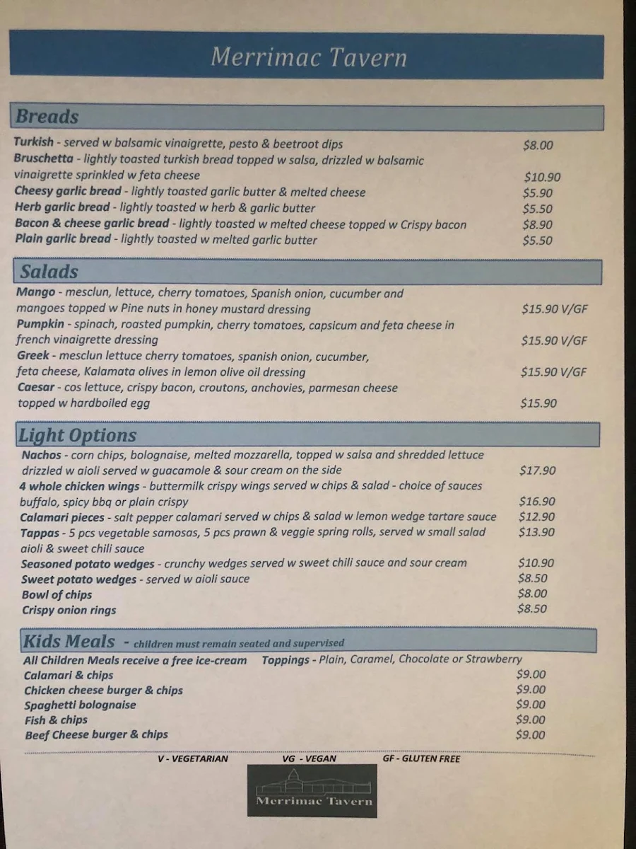 Menu, Merrimac Tavern & Cellarbrations Bottleshop
