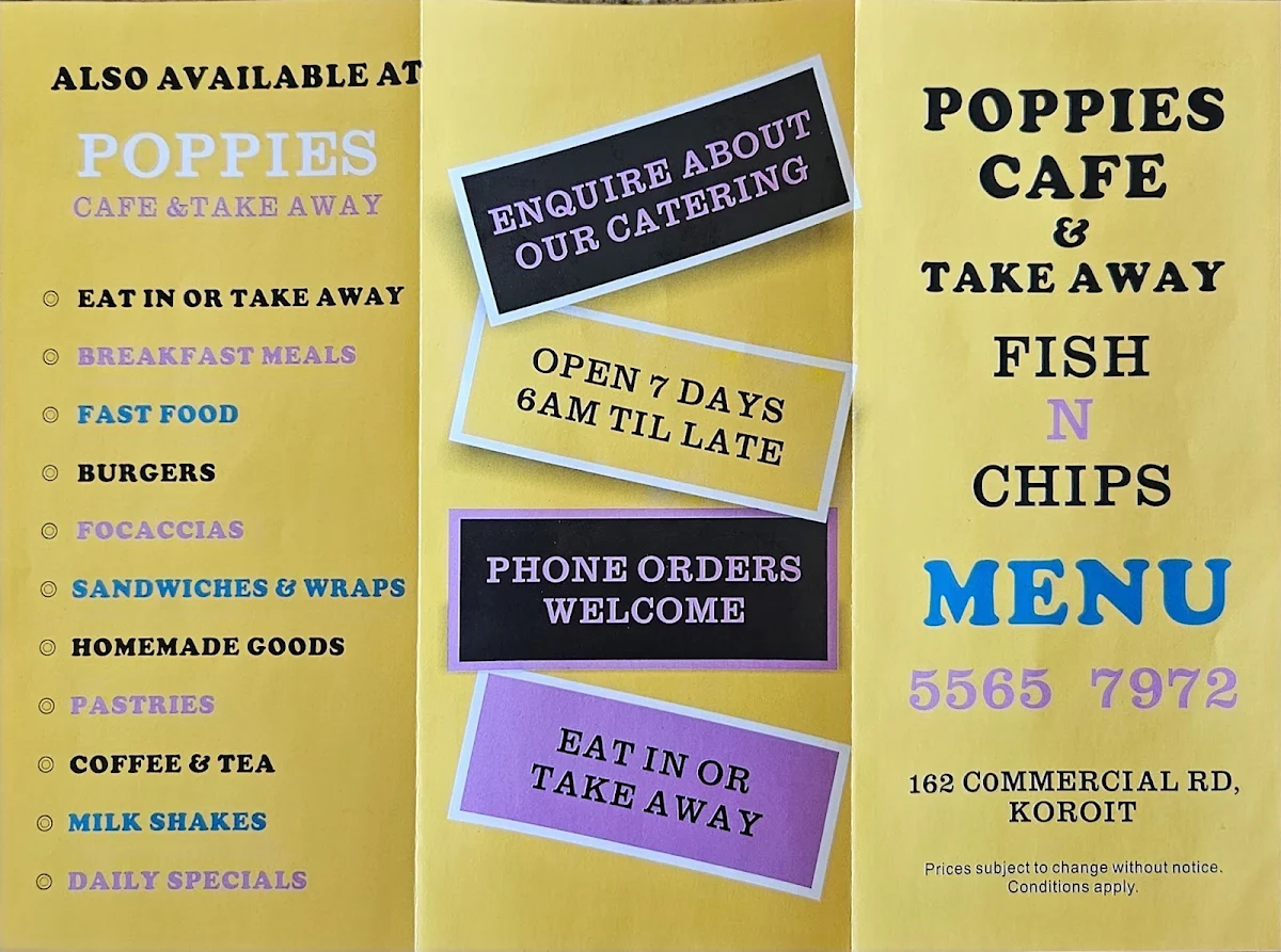Menu, Poppies Cafe