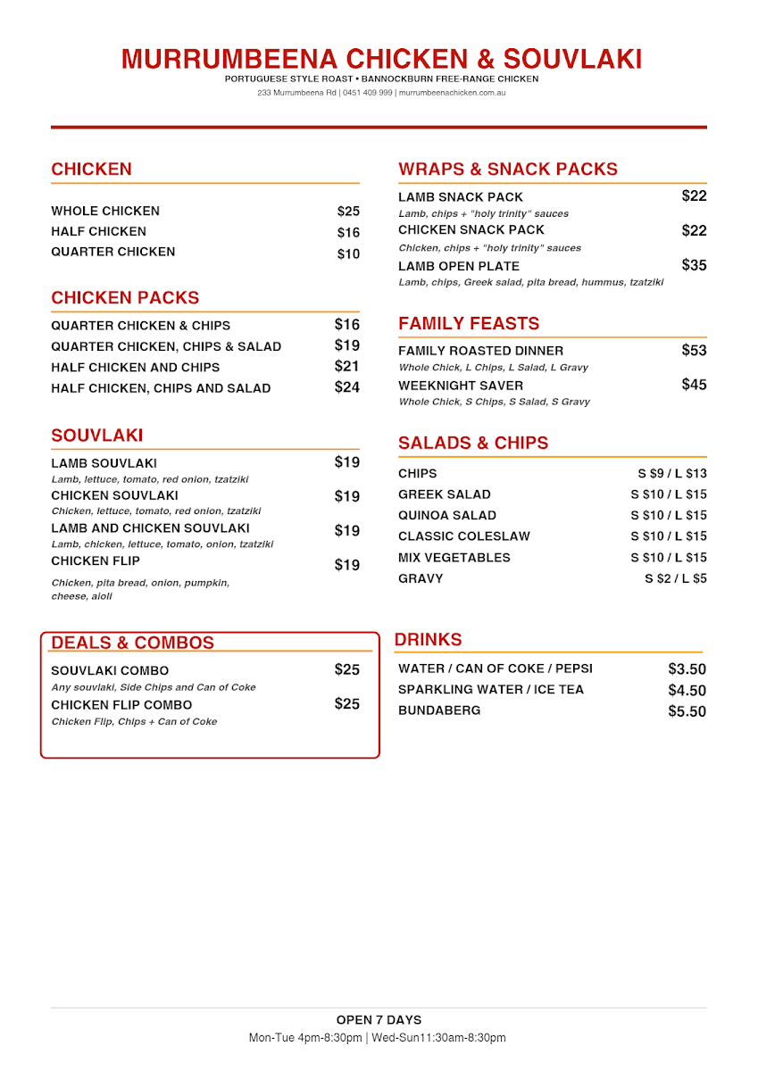 Menu, Murrumbeena Chicken and Souvlaki
