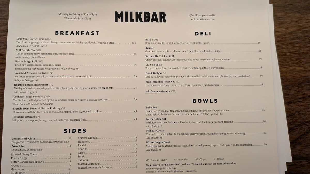 Menu, Milk Bar Parramatta