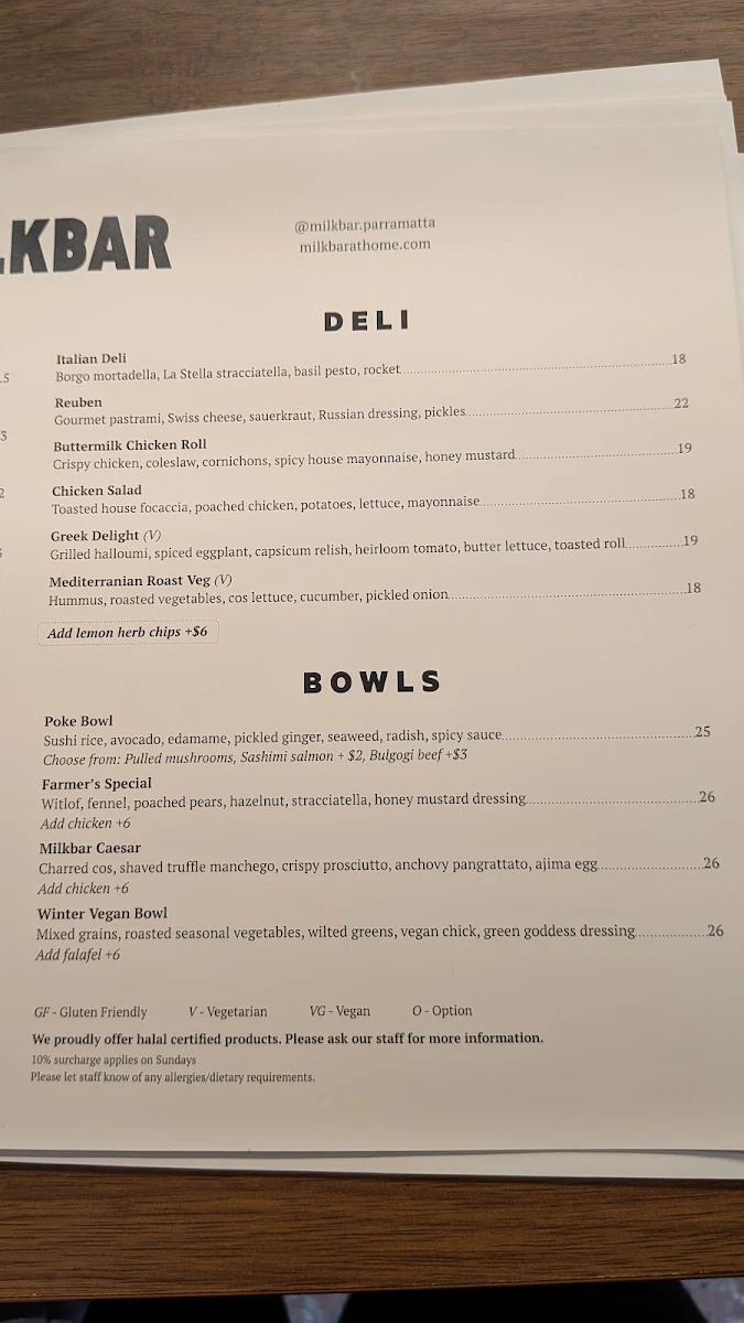 Menu, Milk Bar Parramatta