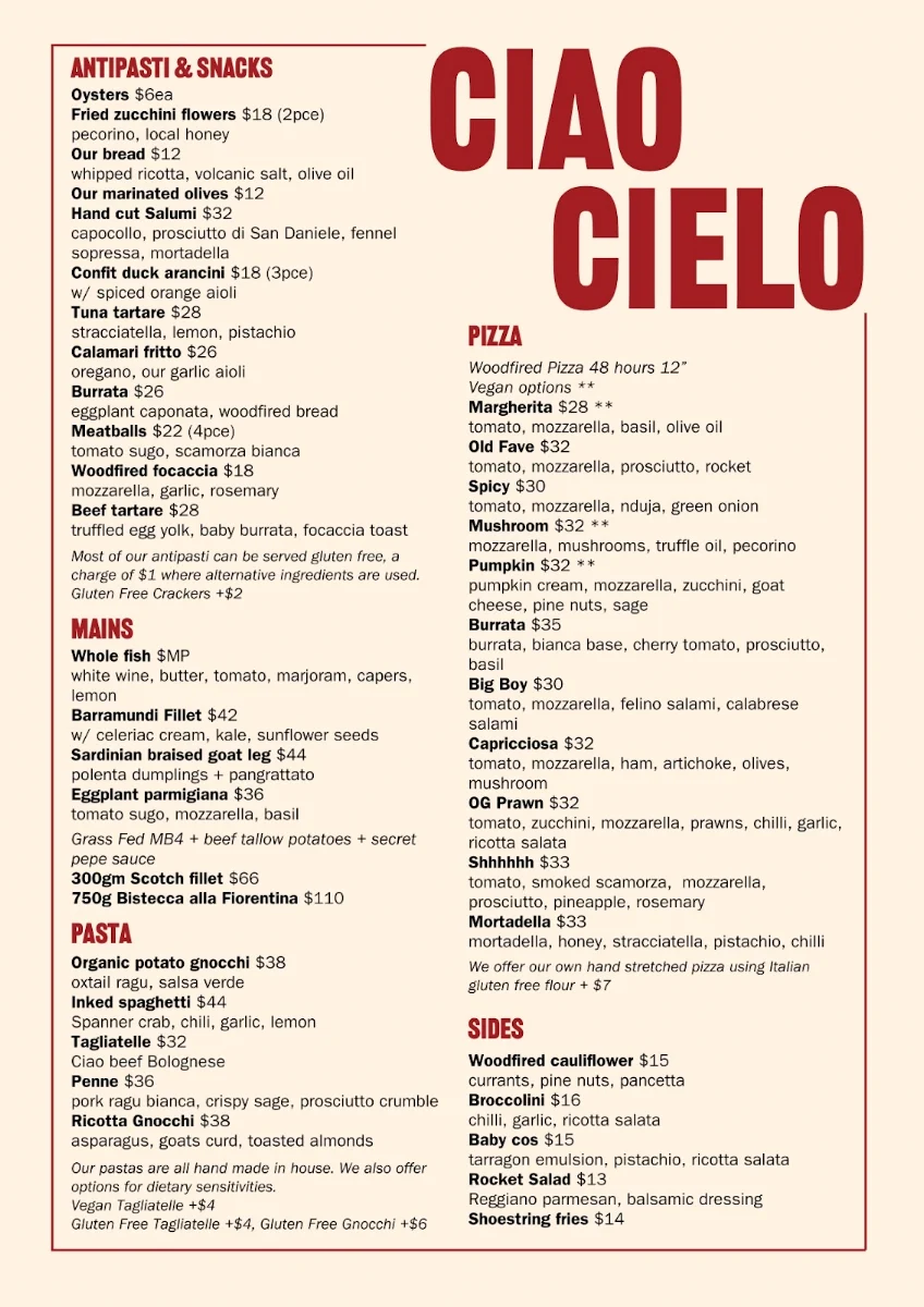 Menu, Ciao Cielo