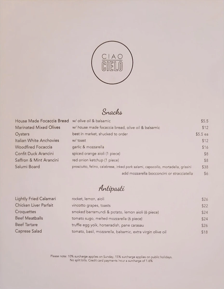Menu, Ciao Cielo