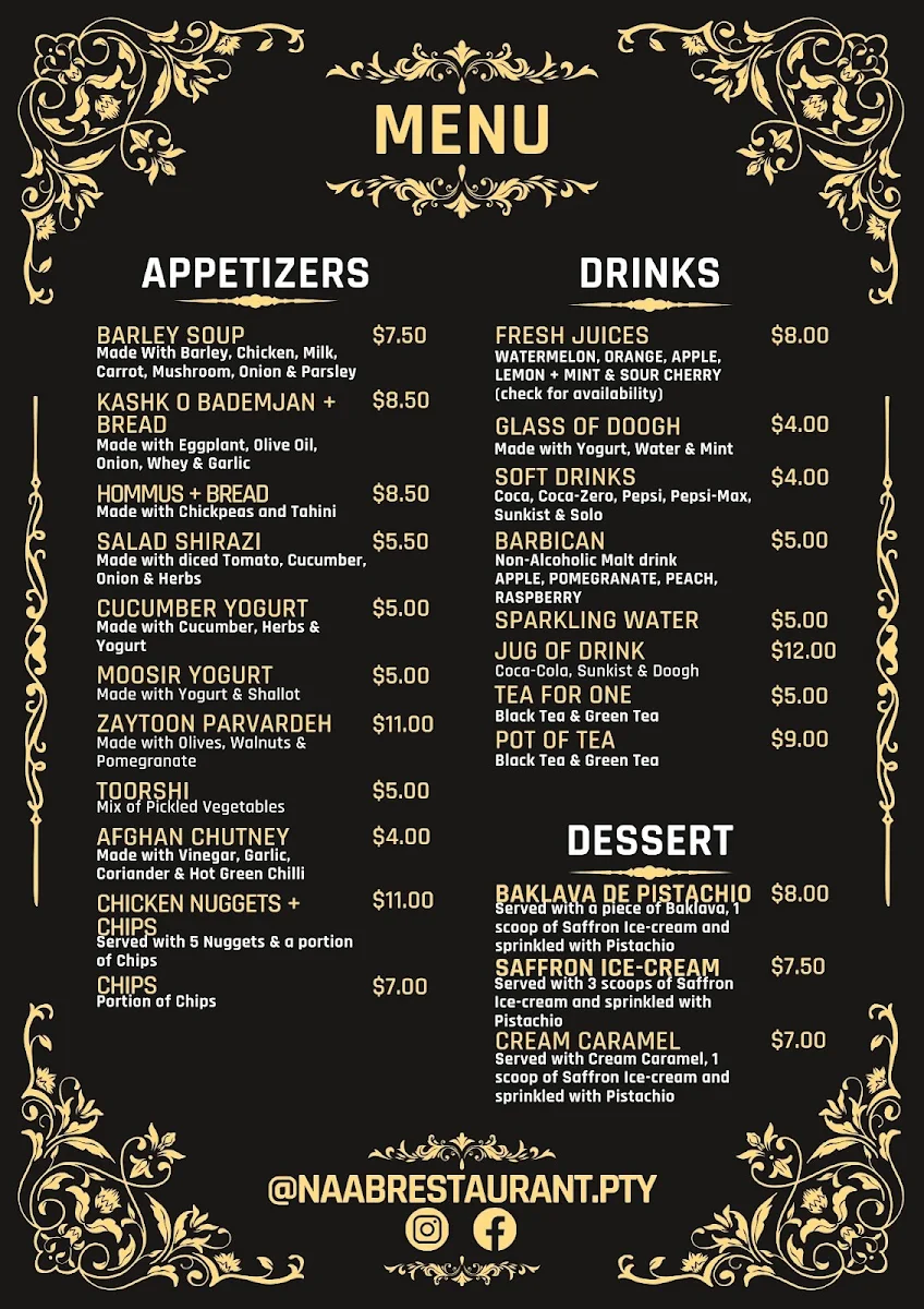 Menu, Naab Restaurant