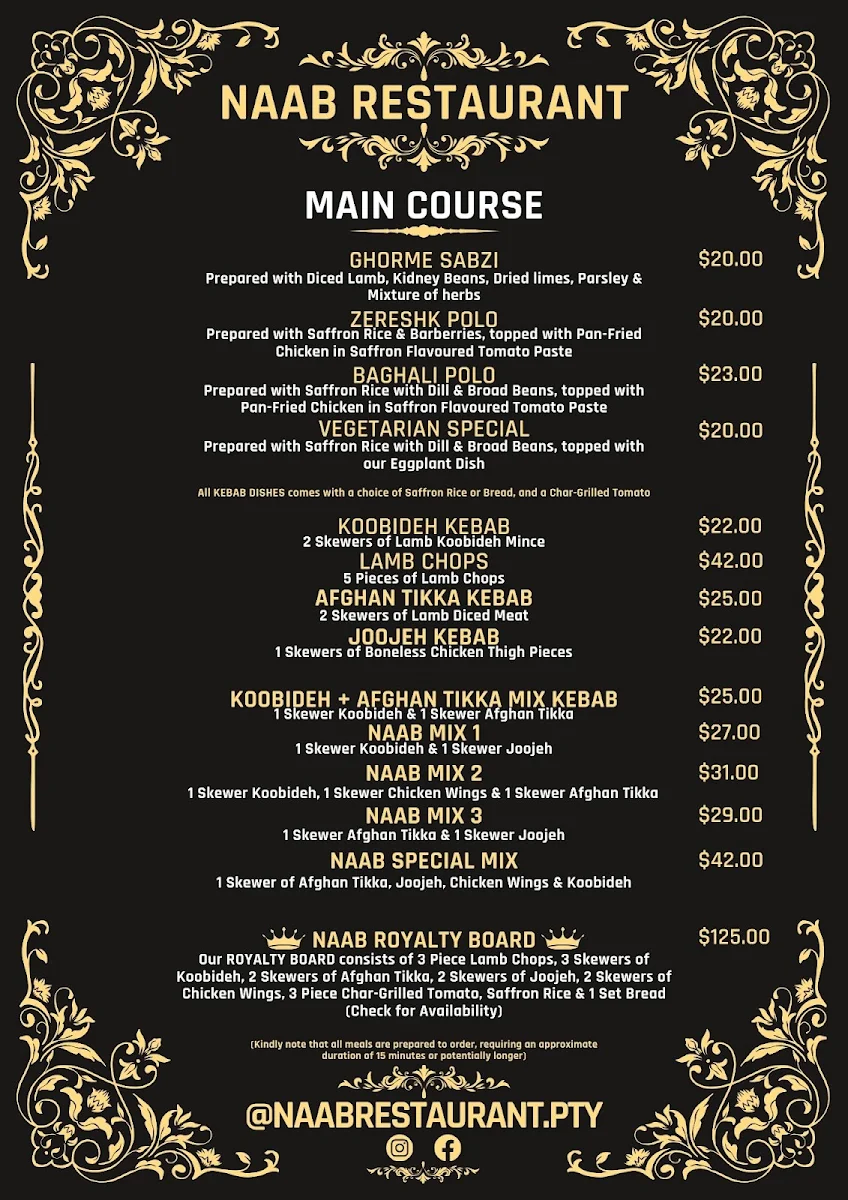 Menu, Naab Restaurant