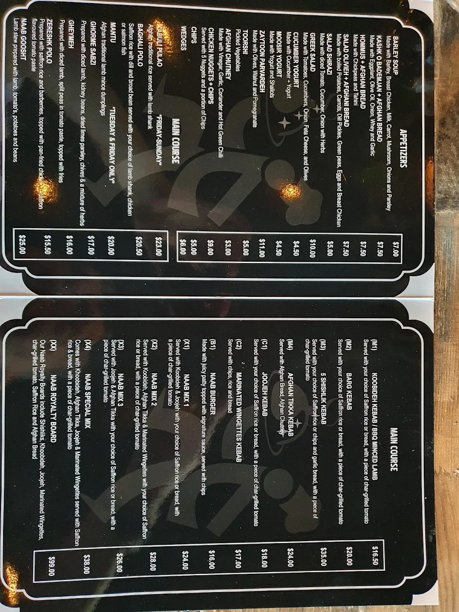 Menu, Naab Restaurant