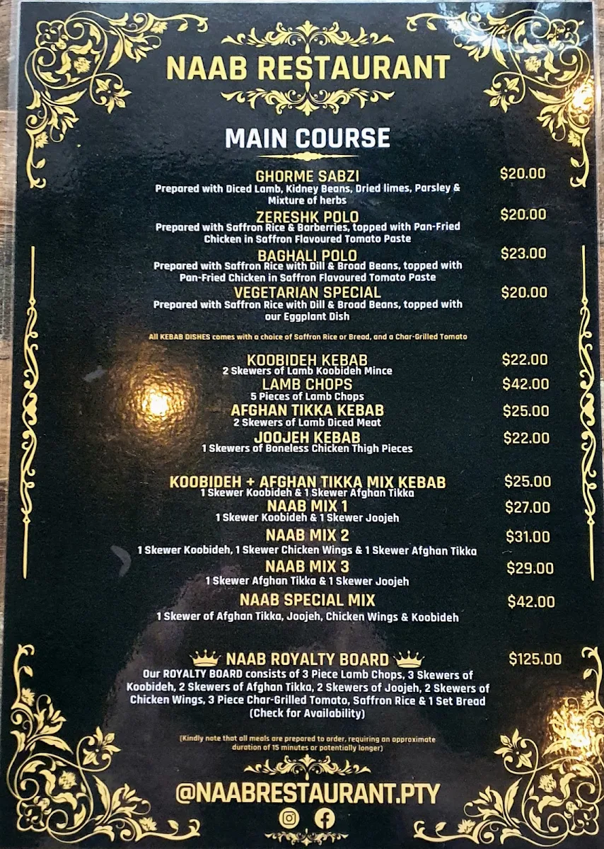 Menu, Naab Restaurant
