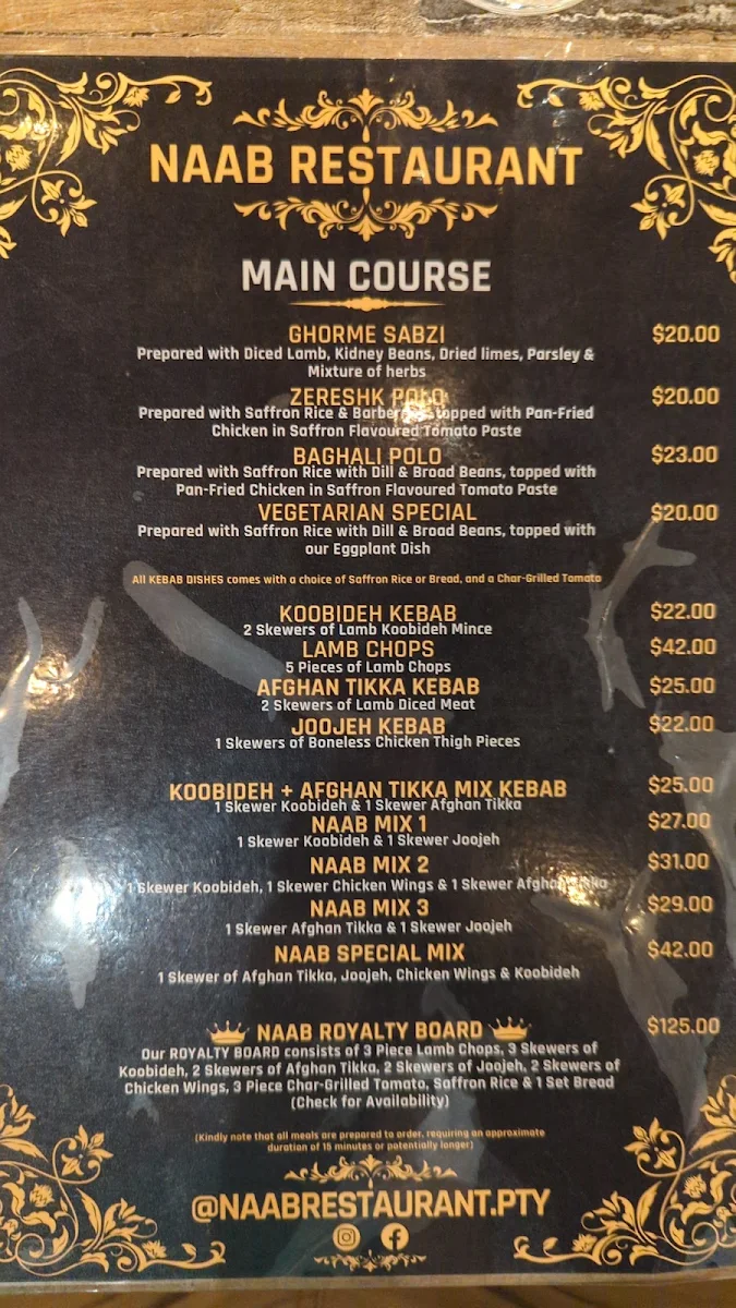 Menu, Naab Restaurant